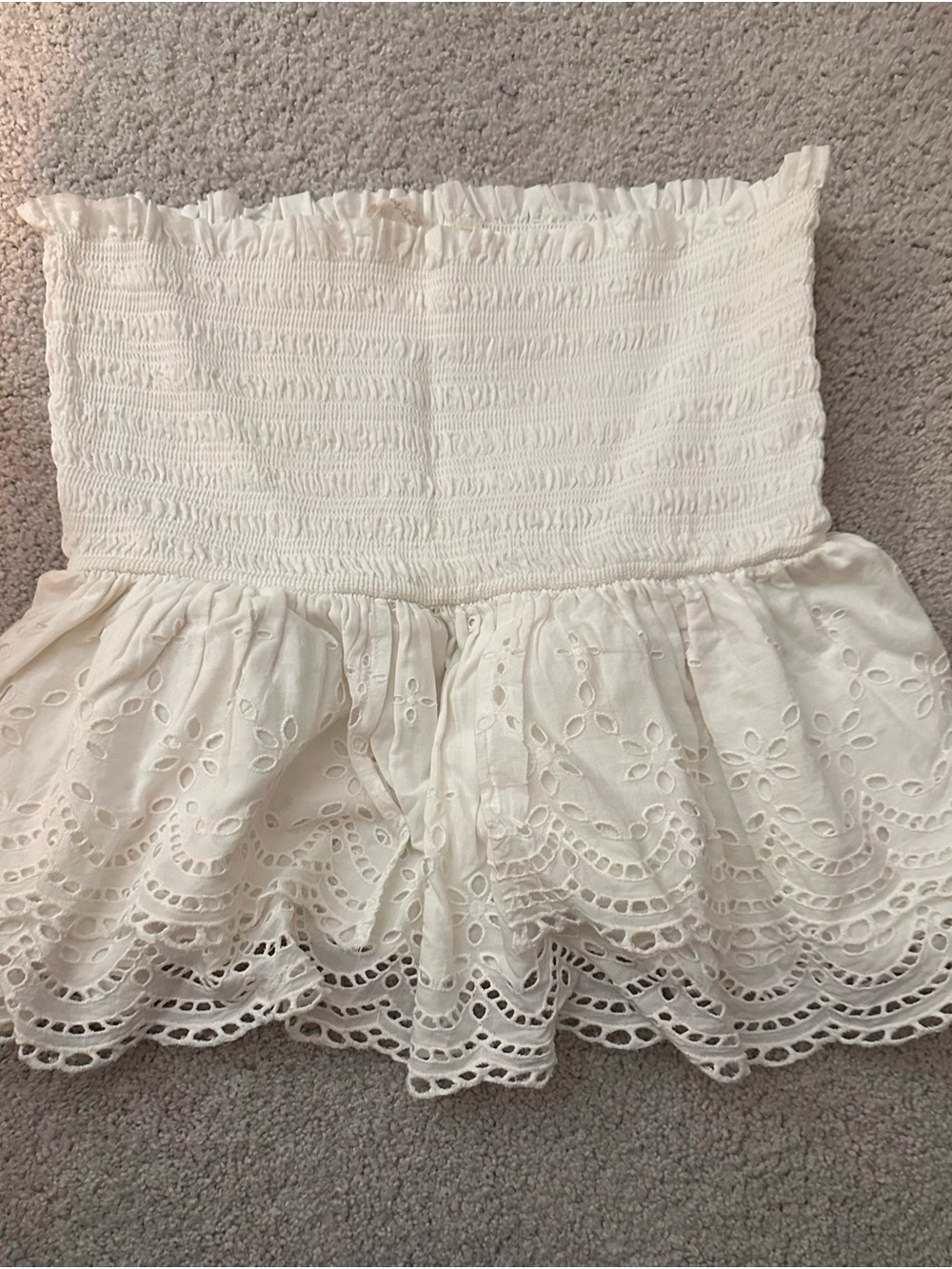 Anthropologie Cream Strapless Smocked Eyelet Ruffle Top